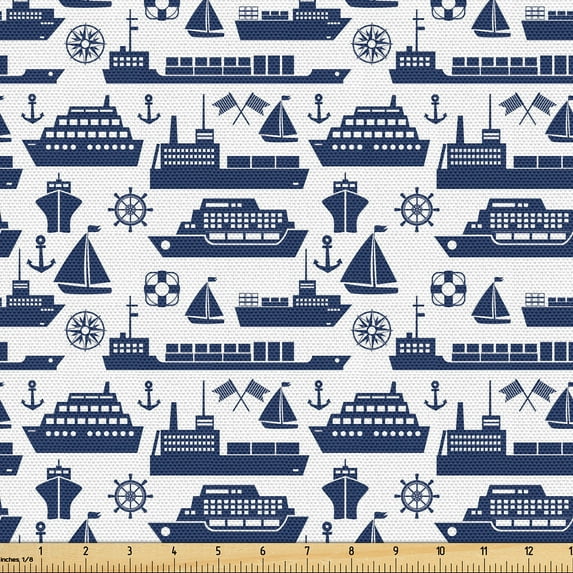 Ambesonne Nautical Fabric by the Yard Upholstery, Anchors Boats Ships Art, 2 Yards, Dark Violet Blue and White