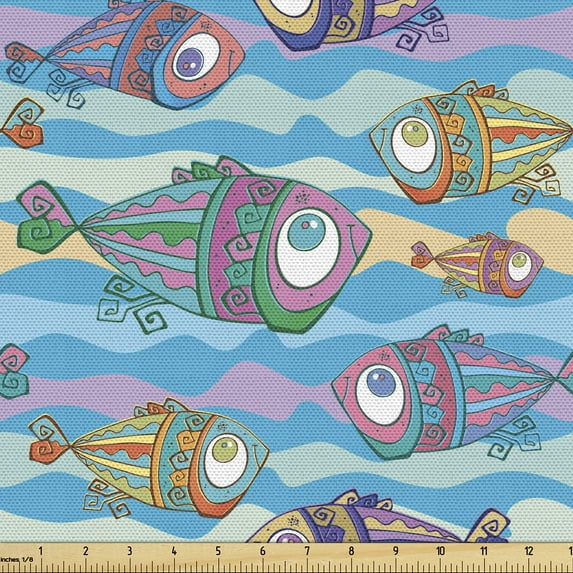 Ambesonne Nautical Fabric by the Yard Upholstery, Cartoon Multicolored Fish, 5 Yards, Mint Green Sky Blue