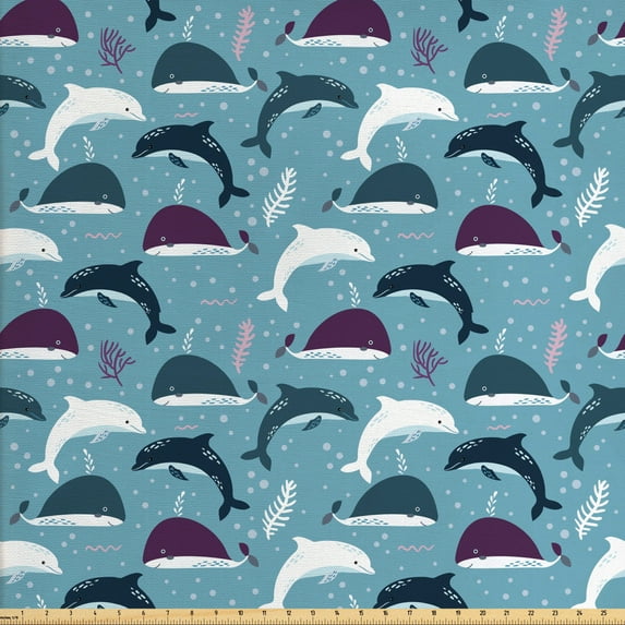 Ambesonne Nautical Fabric by the Yard Upholstery, Cartoon Whale and Dolphins, 10 Yards, Sea Blue Multicolor
