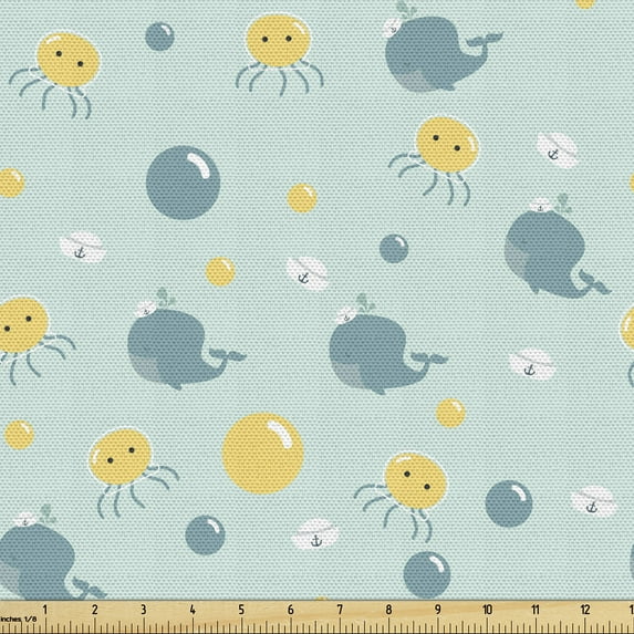 Ambesonne Nautical Fabric by the Yard Upholstery, Cartoon Whales Jellyfishes, 5 Yards, Mustard Pale Slate Blue