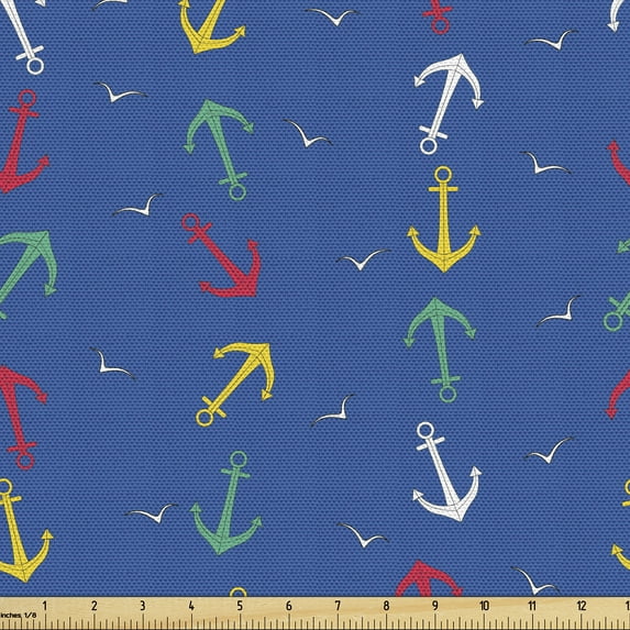 Ambesonne Nautical Fabric by the Yard Upholstery, Colorful Anchors Seagulls, 5 Yards, Cobalt Blue Dark Yellow