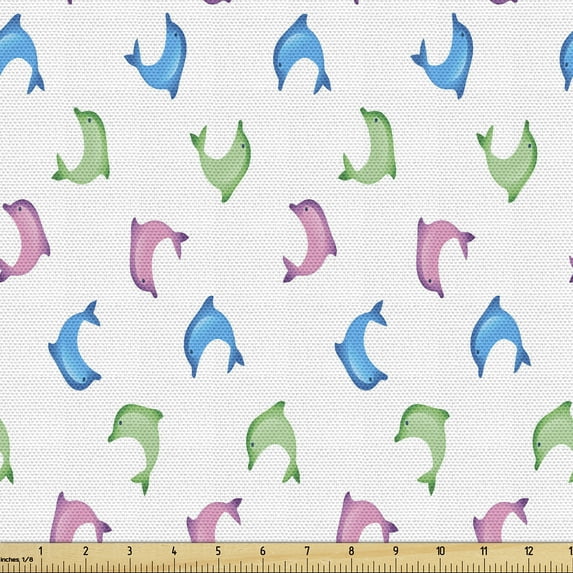 Ambesonne Nautical Fabric by the Yard Upholstery, Colorful Cartoon Whales, 10 Yards, Pale Green Blue Pink