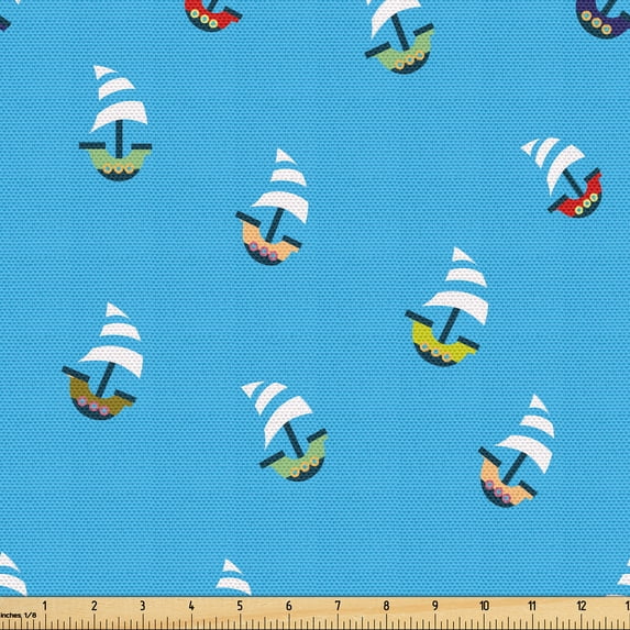Ambesonne Nautical Fabric by the Yard Upholstery, Colorful Ships Pattern, 1 Yard, Deep Sky Blue Dark Pink
