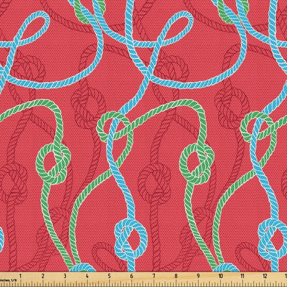 Ambesonne Nautical Fabric by the Yard Upholstery, Colorful Twisted Ropes Art, 2 Yards, Dark Coral Sky Blue