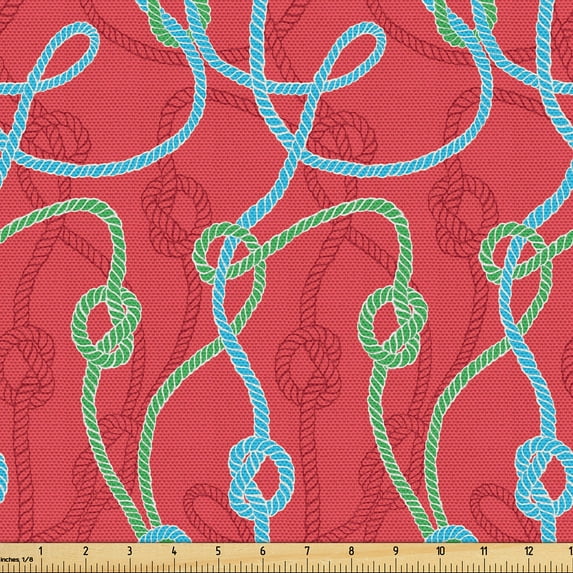 Ambesonne Nautical Fabric by the Yard Upholstery, Colorful Twisted Ropes Art, 3 Yards, Dark Coral Sky Blue