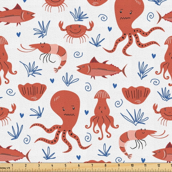 Ambesonne Nautical Fabric by the Yard Upholstery, Fish Octopus Heat Crab Art, 1 Yard, Dark Salmon Violet Blue