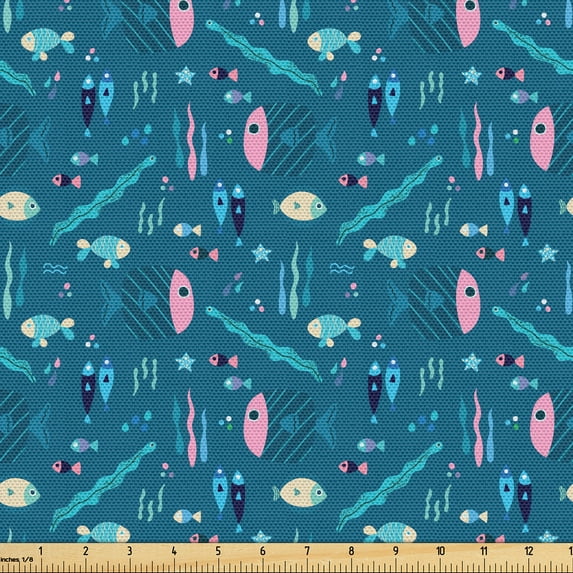 Ambesonne Nautical Fabric by the Yard Upholstery, Fish Seaweed Bubble Plot, 5 Yards, Petrol Blue Soft Pink