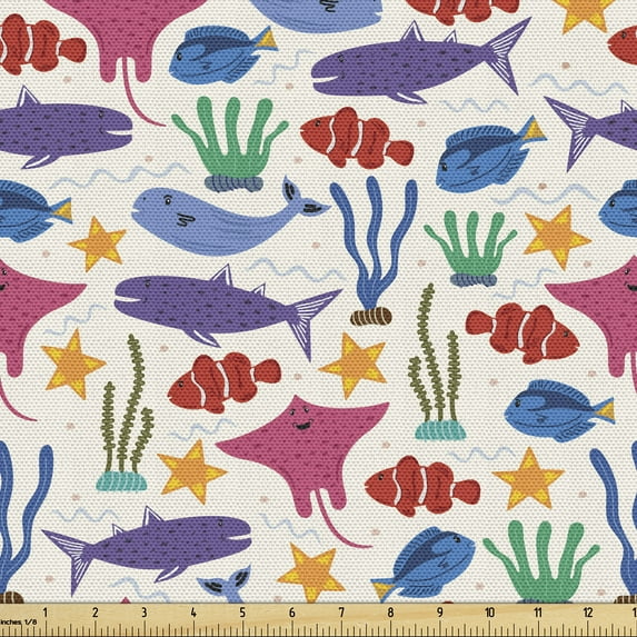 Ambesonne Nautical Fabric by the Yard Upholstery, Funny Starfish Seaweed Art, 10 Yards, Dark Indigo Violet Blue