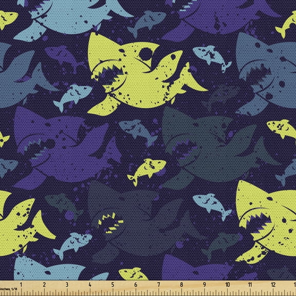 Ambesonne Nautical Fabric by the Yard Upholstery, Grunge Shark Silhouettes, 5 Yards, Indigo Multicolor
