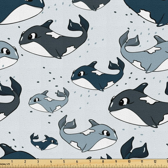 Ambesonne Nautical Fabric by the Yard Upholstery, Happy Wild Whales Print, 2 Yards, Dark Petrol Blue Grey
