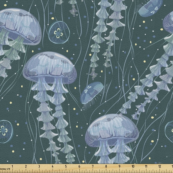 Ambesonne Nautical Fabric by the Yard Upholstery, Jellyfish Floating Marine, 3 Yards, Hunter Green and Ceil Blue