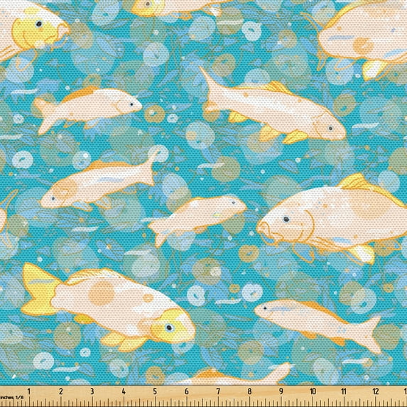 Ambesonne Nautical Fabric by the Yard Upholstery, Koi Fish Bubbles Waves Art, 1 Yard, Dark Seafoam and Pale Yellow