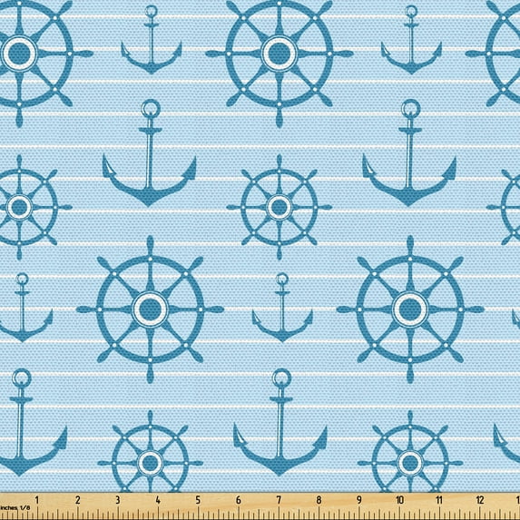 Ambesonne Nautical Fabric by the Yard Upholstery, Lines Anchors Wheels Art, 1 Yard, Pale Azure Blue and White
