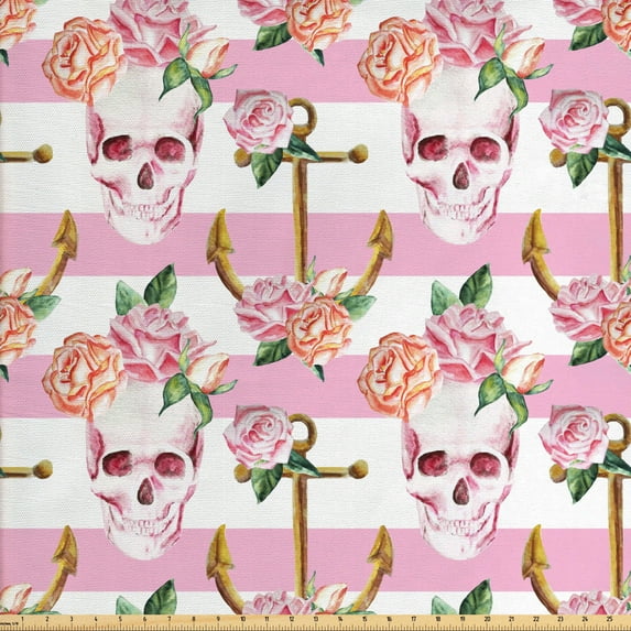 Ambesonne Nautical Fabric by the Yard Upholstery, Marine Skull Anchor, 10 Yards, Pink Green White