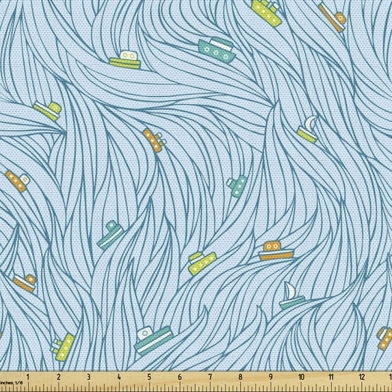 Ambesonne Nautical Fabric by the Yard Upholstery, Mini Boats on Doodle Waves, 1 Yard, Azure Blue and Multicolor