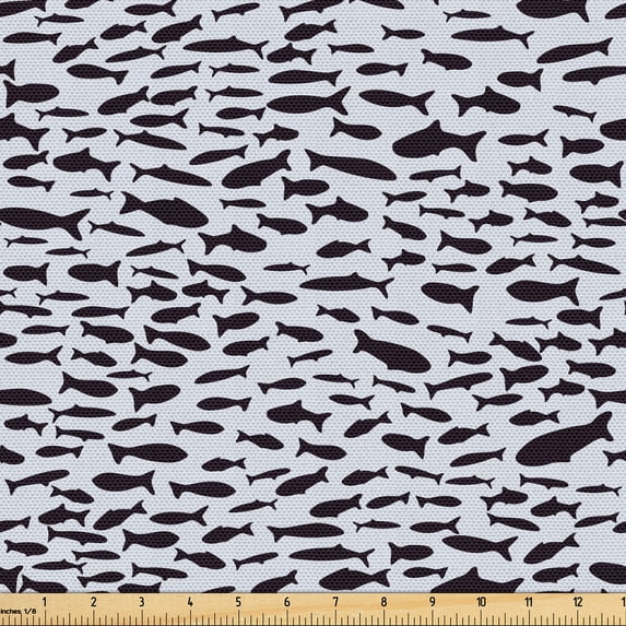 Ambesonne Nautical Fabric by the Yard Upholstery, Monochrome Fishes Pattern, 5 Yards, Charcoal Grey Off White