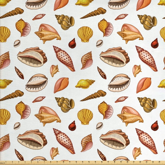 Ambesonne Nautical Fabric by the Yard Upholstery, Retro Style Sea Shells, 2 Yards, White and Multicolor
