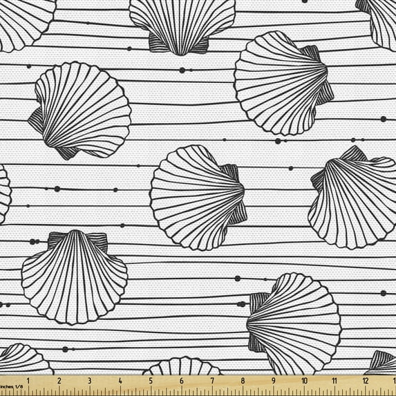 Ambesonne Nautical Fabric by the Yard Upholstery, Sea Shells and Stripes, 10 Yards, Charcoal Grey and White