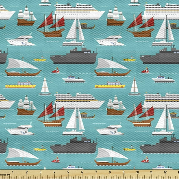 Ambesonne Nautical Fabric by the Yard Upholstery, Sea Transportation Items, 2 Yards, Dark Seafoam Multicolor