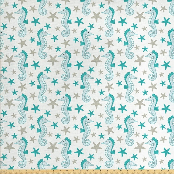 Ambesonne Nautical Fabric by the Yard Upholstery, Seahorses and Starfish, 5 Yards, Dark Seafoam Pale Sepia