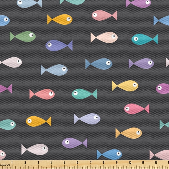 Ambesonne Nautical Fabric by the Yard Upholstery, Small Colorful Fish Art, 1 Yard, Ceil Blue Mustard Teal