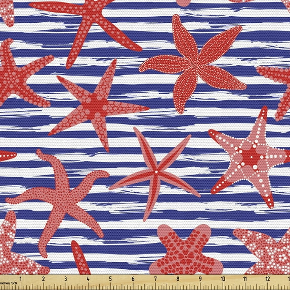 Ambesonne Nautical Fabric by the Yard Upholstery, Starfish Horizontal Lines, 10 Yards, Dark Pink Violet Blue