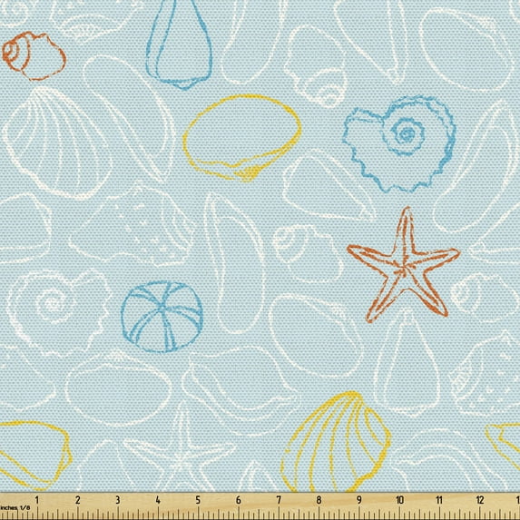 Ambesonne Nautical Fabric by the Yard Upholstery, Starfish Mollusk Shells, 1 Yard, Pale Blue Multicolor