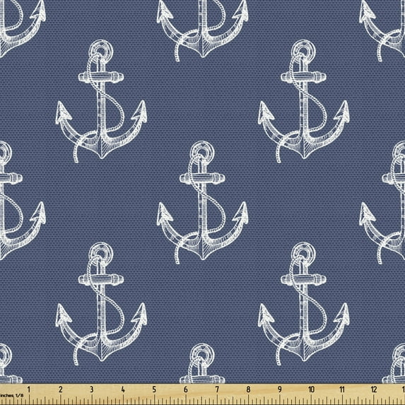 Ambesonne Nautical Fabric by the Yard Upholstery, Striped Anchor Silhouettes, 3 Yards, Slate Blue and Off White