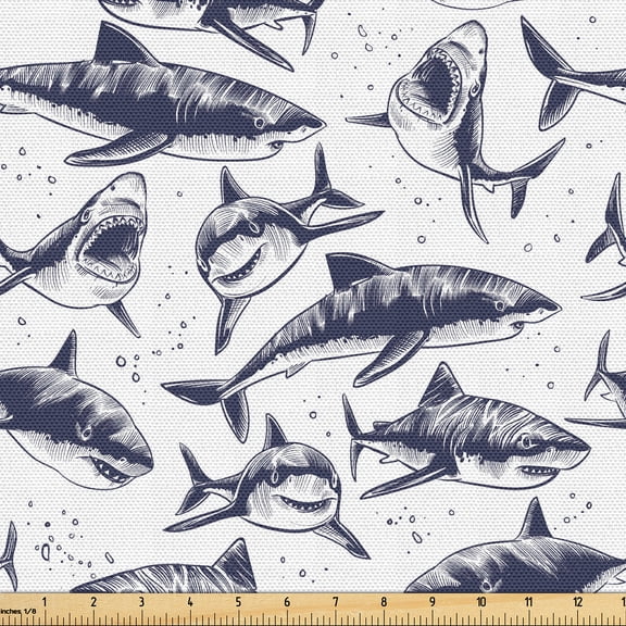 Ambesonne Nautical Fabric by the Yard Upholstery, Underwater Shark Sketch, 10 Yards, Dark Indigo and White