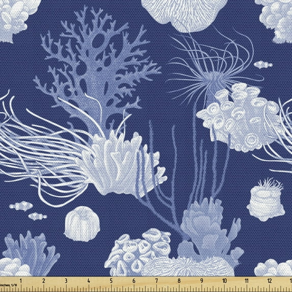 Ambesonne Nautical Fabric by the Yard Upholstery, Various Shapes Sea Corals, 3 Yards, Lavender Ceil Blue