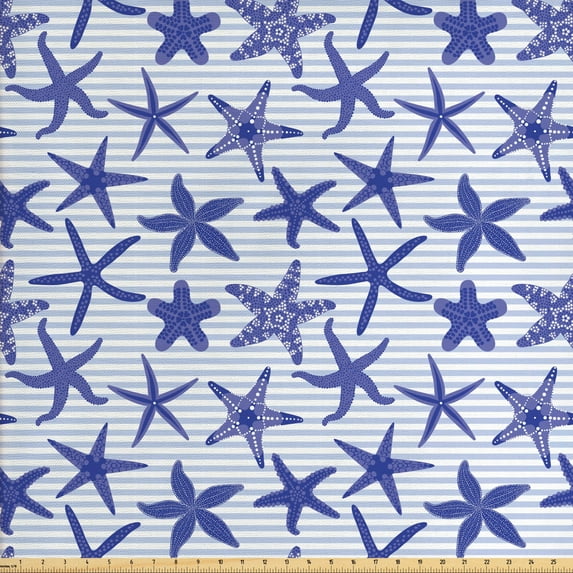 Ambesonne Nautical Fabric by the Yard Upholstery, Various Starfishes Stripes, 3 Yards, White Indigo Ceil Blue
