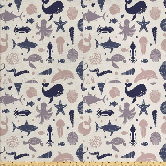 Ambesonne Nautical Fabric by the Yard Upholstery, Vintage Sea Life Pattern, 3 Yards, Champagne Multicolor