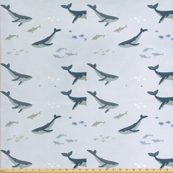 Ambesonne Nautical Fabric by the Yard Upholstery, Whales and Fishes, 3 Yards, Pastel Purple and Multicolor