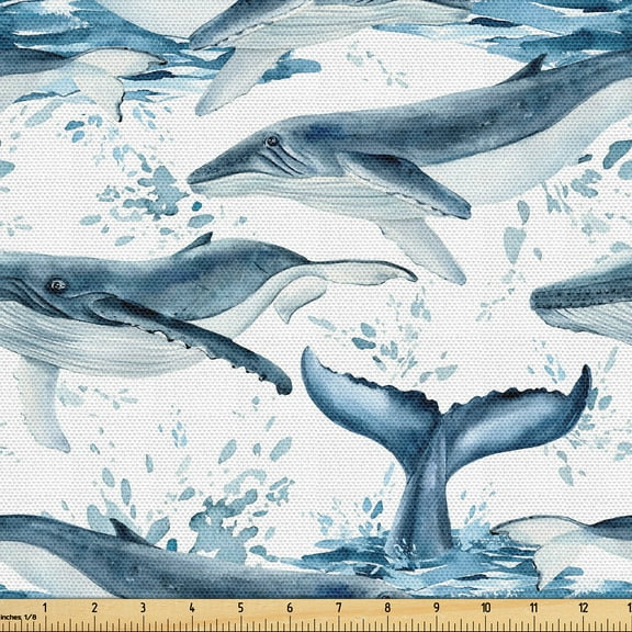 Ambesonne Nautical Fabric by the Yard Upholstery, Whale Pattern Ocean Waves, 1 Yard, Sea Blue Soft Blue White