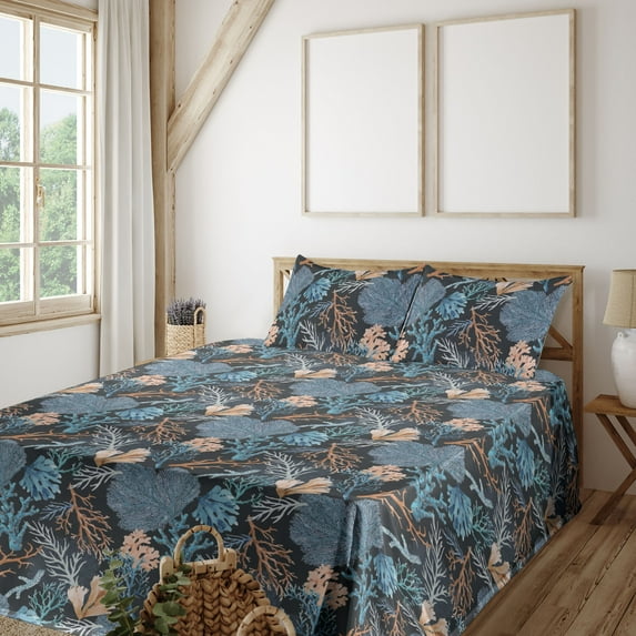 Ambesonne Nautical Fitted & Flat Sheet with Shams 4 Pcs Set, Colorful Repetitive Corals, Calking, Orange and Ceil Blue