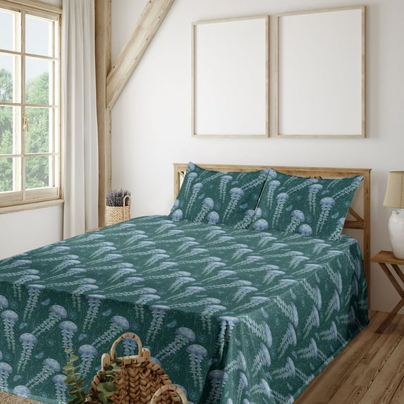 Ambesonne Nautical Fitted & Flat Sheet with Shams 4 Pcs Set, Jellyfish Floating Marine, King, Hunter Green and Ceil Blue