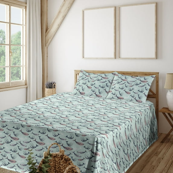 Ambesonne Nautical Fitted & Flat Sheet with Shams 4 Pcs Set, Pastel Sketchy Whales Art, Full, Mint Green Indigo and Rose