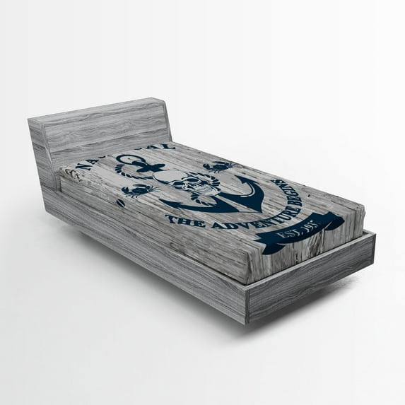 Ambesonne Nautical Fitted Sheet 2 Pcs Set, Anchor Skull Sea, Twin, Beige Navy Blue