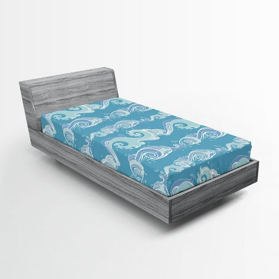 Ambesonne Nautical Fitted Sheet 2 Pcs Set, Sea Waves Ocean Splashes, Twin XL, Sea Blue Pale Teal