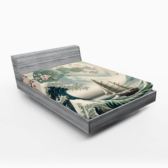 Ambesonne Nautical Fitted Sheet, Asian Wave Cherry Blossom, Queen Size, Seafoam Coconut Pink