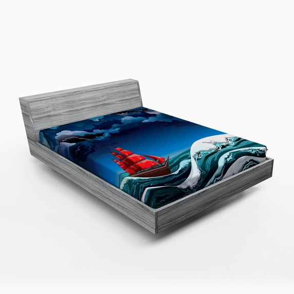 Ambesonne Nautical Fitted Sheet, Cartoon Ship on Waves, Full Size, Blue Orange Plum