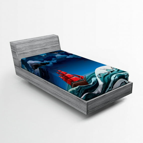 Ambesonne Nautical Fitted Sheet, Cartoon Ship on Waves, Twin XL Size, Blue Orange Plum