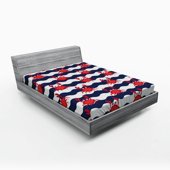 Ambesonne Nautical Fitted Sheet, Crabs on Striped, Full Size, Red and Navy Blue