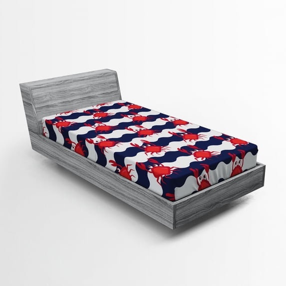 Ambesonne Nautical Fitted Sheet, Crabs on Striped, Twin XL Size, Red and Navy Blue