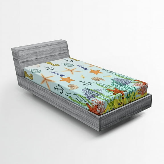 Ambesonne Nautical Fitted Sheet, Elements of the Ocean, Twin Size, Multicolor