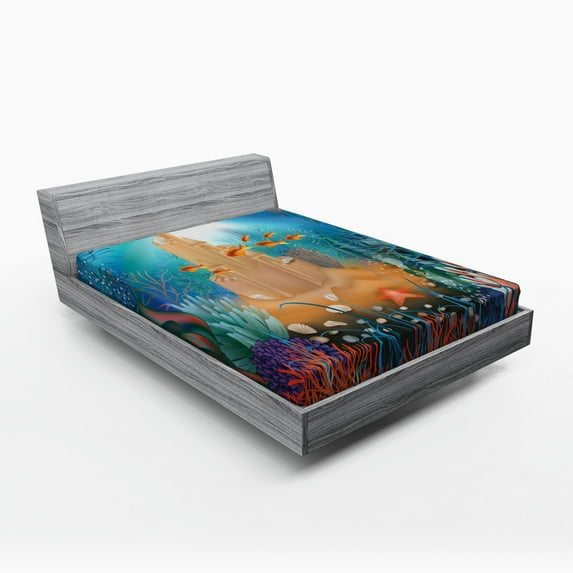 Ambesonne Nautical Fitted Sheet, Fish Corals and Castle, Queen Size, Multicolor