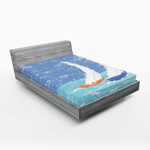 Ambesonne Nautical Fitted Sheet, Grunge Sailboats Ocean, Full Size, Pale Blue