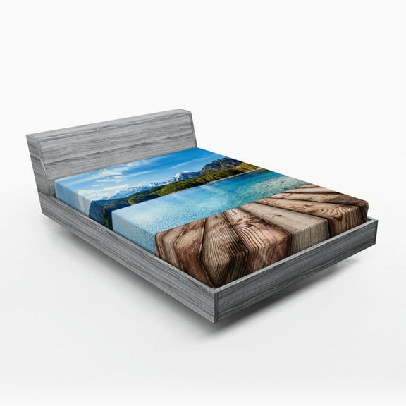 Ambesonne Nautical Fitted Sheet, Lake Forest Mountain, Queen Size, Brown Blue