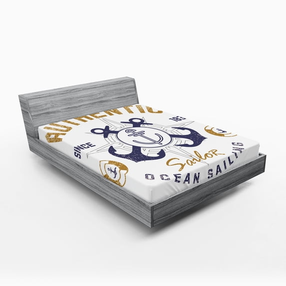 Ambesonne Nautical Fitted Sheet, Lifeboy Rudder Captain, Full Size, Pale Brown Blue White