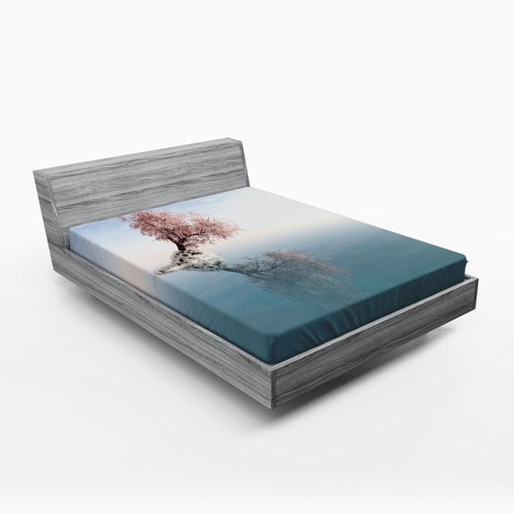 Ambesonne Nautical Fitted Sheet, Lonely Tree in Water, Full Size, Teal Pink